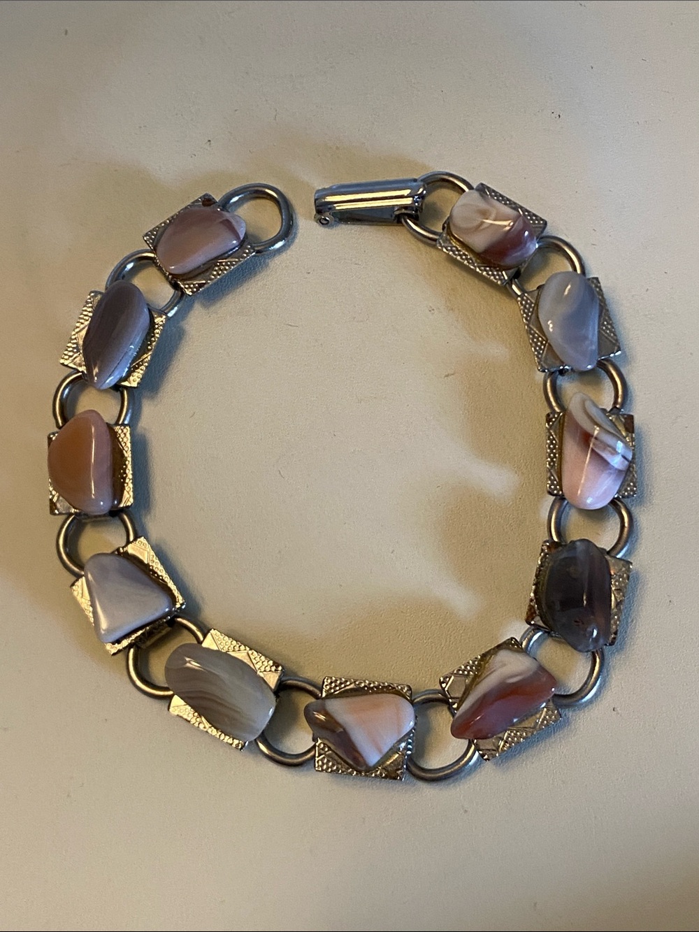 Vintage Banded Agate Silver-Tone Link Bracelet 7.5”